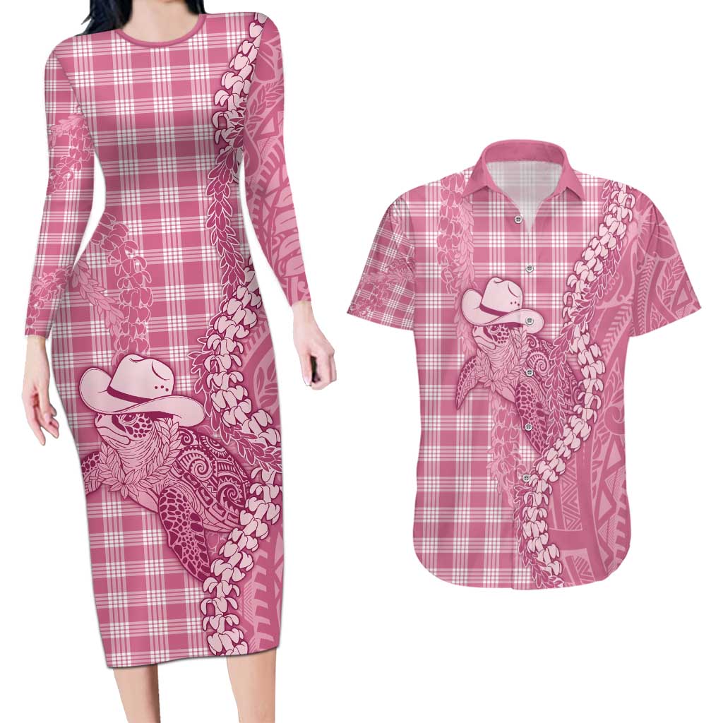 Pink Hawaii Palaka Cowboy Turtle Couples Matching Long Sleeve Bodycon Dress and Hawaiian Shirt Hawaiian Paniolo Puakenikeni Maile Lei - Polynesian Pride