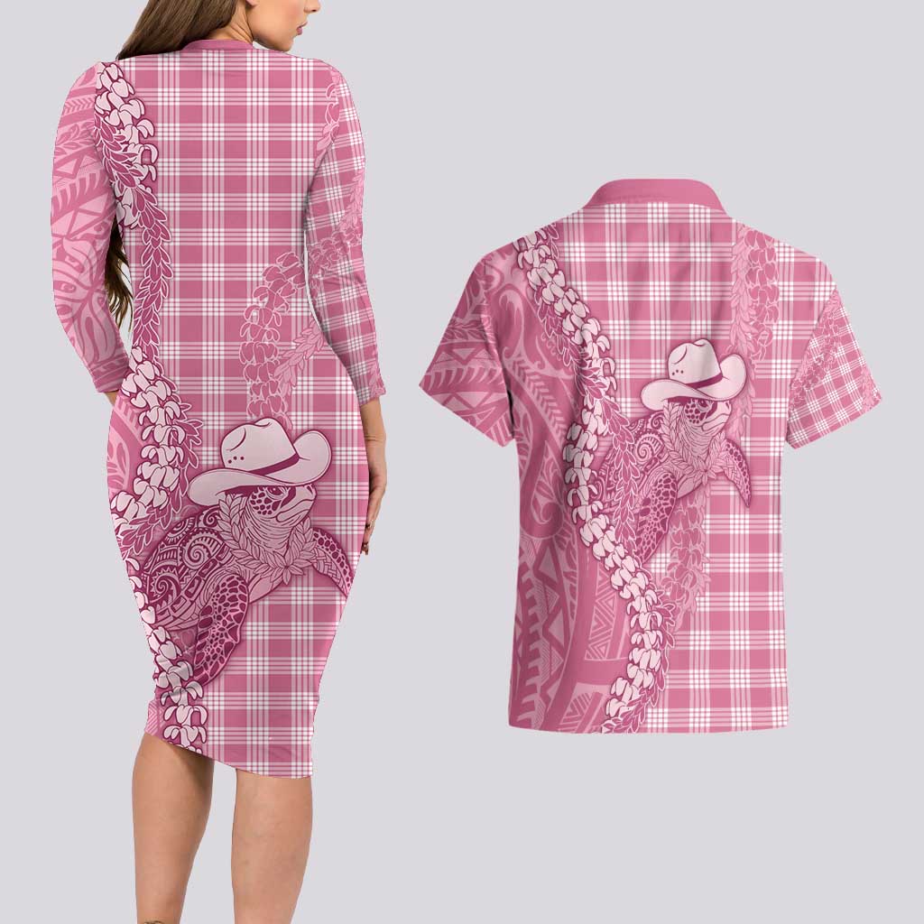 Pink Hawaii Palaka Cowboy Turtle Couples Matching Long Sleeve Bodycon Dress and Hawaiian Shirt Hawaiian Paniolo Puakenikeni Maile Lei - Polynesian Pride