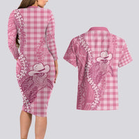 Pink Hawaii Palaka Cowboy Turtle Couples Matching Long Sleeve Bodycon Dress and Hawaiian Shirt Hawaiian Paniolo Puakenikeni Maile Lei - Polynesian Pride