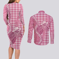 Pink Hawaii Palaka Cowboy Turtle Couples Matching Long Sleeve Bodycon Dress and Long Sleeve Button Shirt Hawaiian Paniolo Puakenikeni Maile Lei - Polynesian Pride