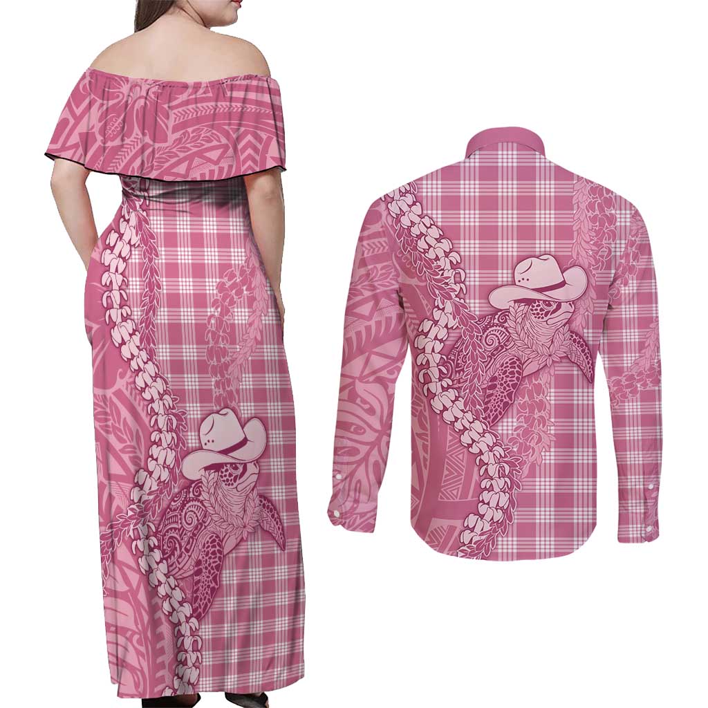 Pink Hawaii Palaka Cowboy Turtle Couples Matching Off Shoulder Maxi Dress and Long Sleeve Button Shirt Hawaiian Paniolo Puakenikeni Maile Lei - Polynesian Pride