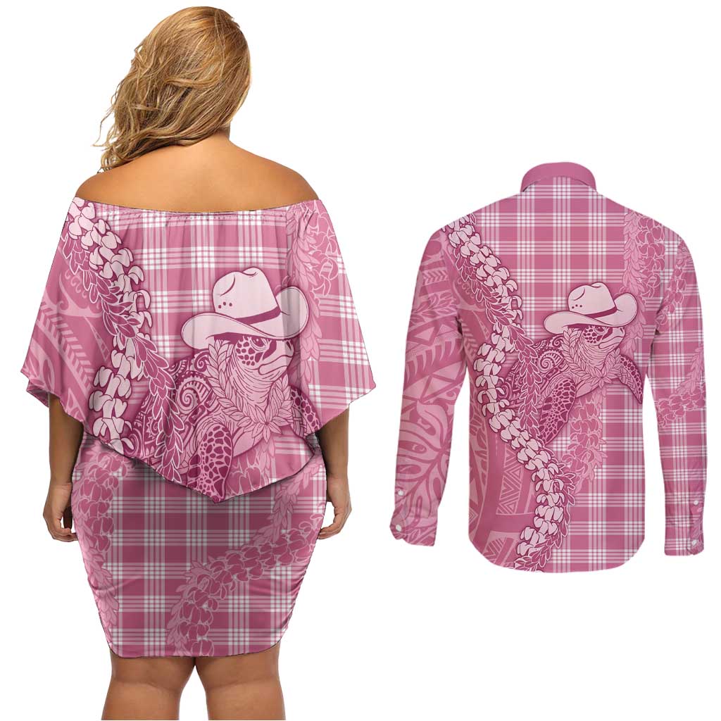 Pink Hawaii Palaka Cowboy Turtle Couples Matching Off Shoulder Short Dress and Long Sleeve Button Shirt Hawaiian Paniolo Puakenikeni Maile Lei - Polynesian Pride
