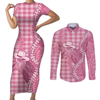 Pink Hawaii Palaka Cowboy Turtle Couples Matching Short Sleeve Bodycon Dress and Long Sleeve Button Shirt Hawaiian Paniolo Puakenikeni Maile Lei - Polynesian Pride