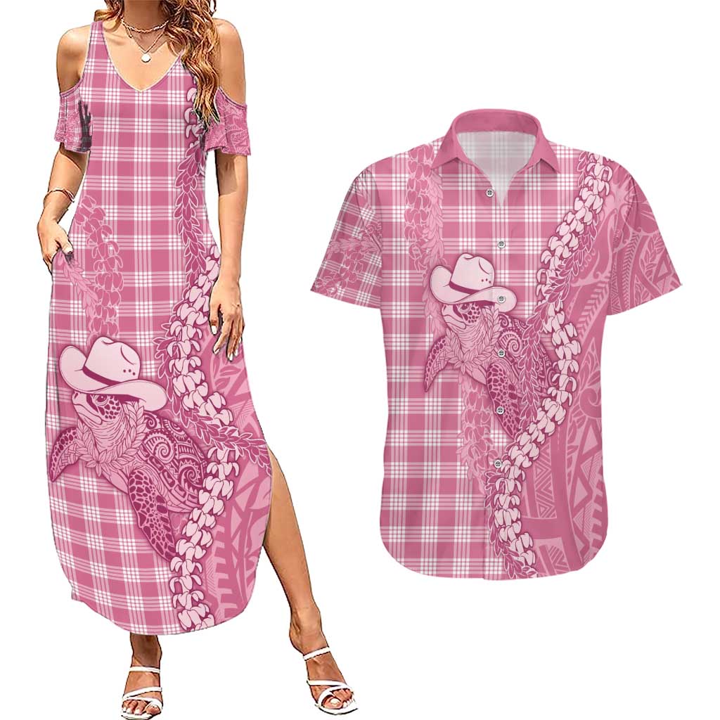 Pink Hawaii Palaka Cowboy Turtle Couples Matching Summer Maxi Dress and Hawaiian Shirt Hawaiian Paniolo Puakenikeni Maile Lei - Polynesian Pride