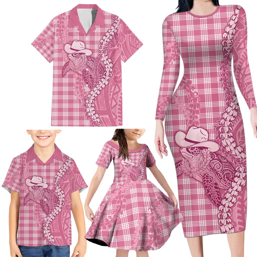 Pink Hawaii Palaka Cowboy Turtle Family Matching Long Sleeve Bodycon Dress and Hawaiian Shirt Hawaiian Paniolo Puakenikeni Maile Lei - Polynesian Pride