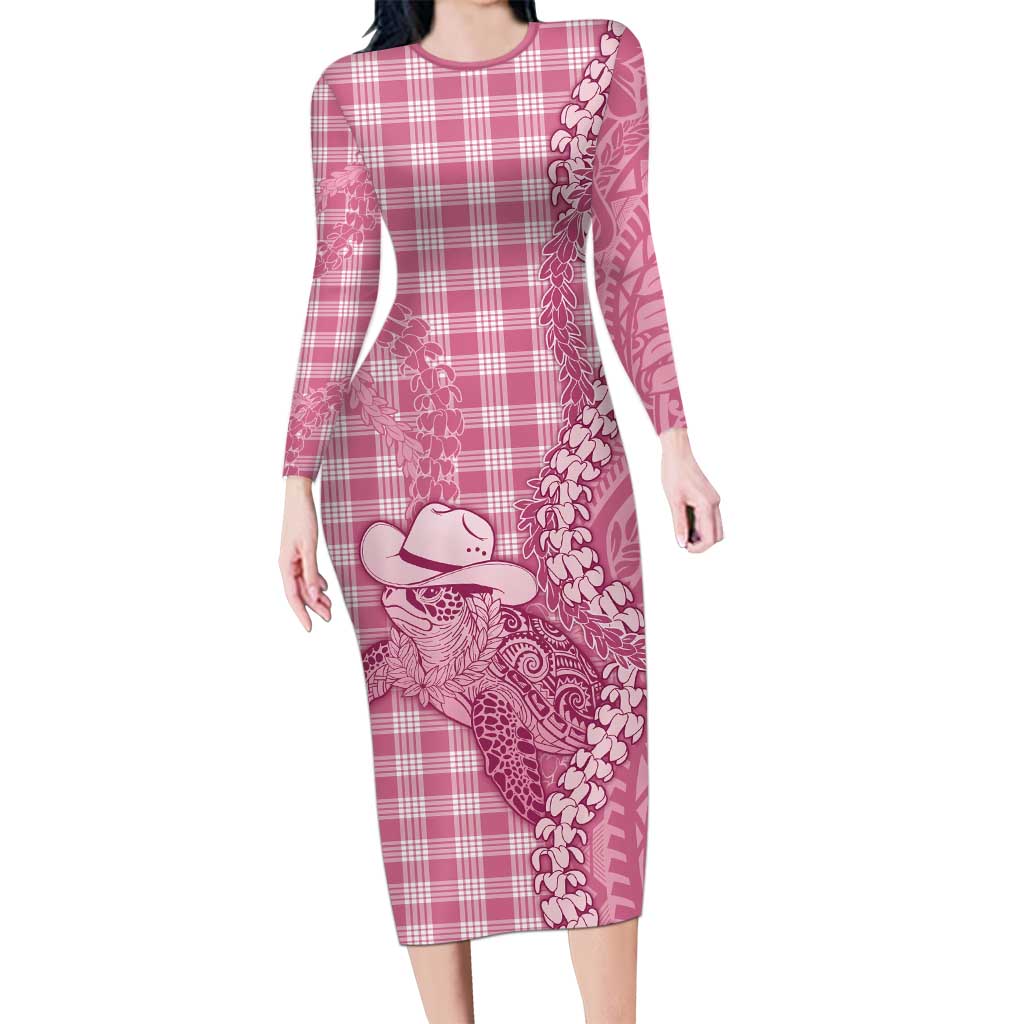Pink Hawaii Palaka Cowboy Turtle Family Matching Long Sleeve Bodycon Dress and Hawaiian Shirt Hawaiian Paniolo Puakenikeni Maile Lei - Polynesian Pride