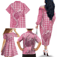 Pink Hawaii Palaka Cowboy Turtle Family Matching Off The Shoulder Long Sleeve Dress and Hawaiian Shirt Hawaiian Paniolo Puakenikeni Maile Lei - Polynesian Pride