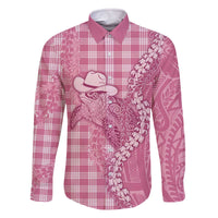 Pink Hawaii Palaka Cowboy Turtle Family Matching Off The Shoulder Long Sleeve Dress and Hawaiian Shirt Hawaiian Paniolo Puakenikeni Maile Lei - Polynesian Pride