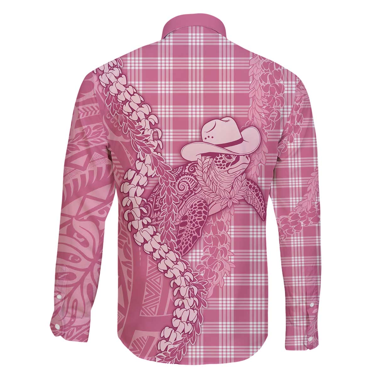 Pink Hawaii Palaka Cowboy Turtle Family Matching Off The Shoulder Long Sleeve Dress and Hawaiian Shirt Hawaiian Paniolo Puakenikeni Maile Lei - Polynesian Pride