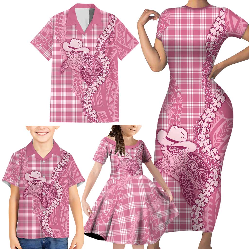 Pink Hawaii Palaka Cowboy Turtle Family Matching Short Sleeve Bodycon Dress and Hawaiian Shirt Hawaiian Paniolo Puakenikeni Maile Lei DT05 - Polynesian Pride