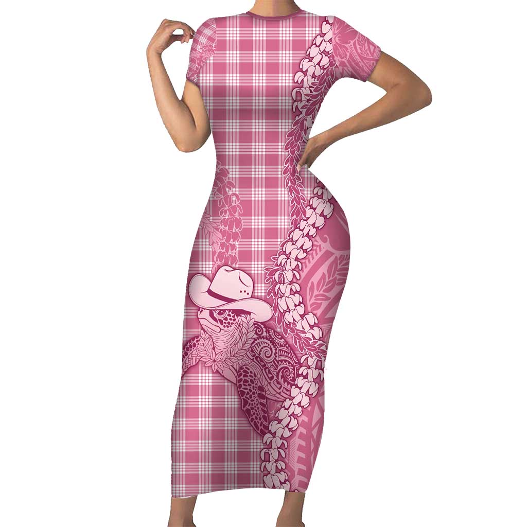 Pink Hawaii Palaka Cowboy Turtle Family Matching Short Sleeve Bodycon Dress and Hawaiian Shirt Hawaiian Paniolo Puakenikeni Maile Lei - Polynesian Pride