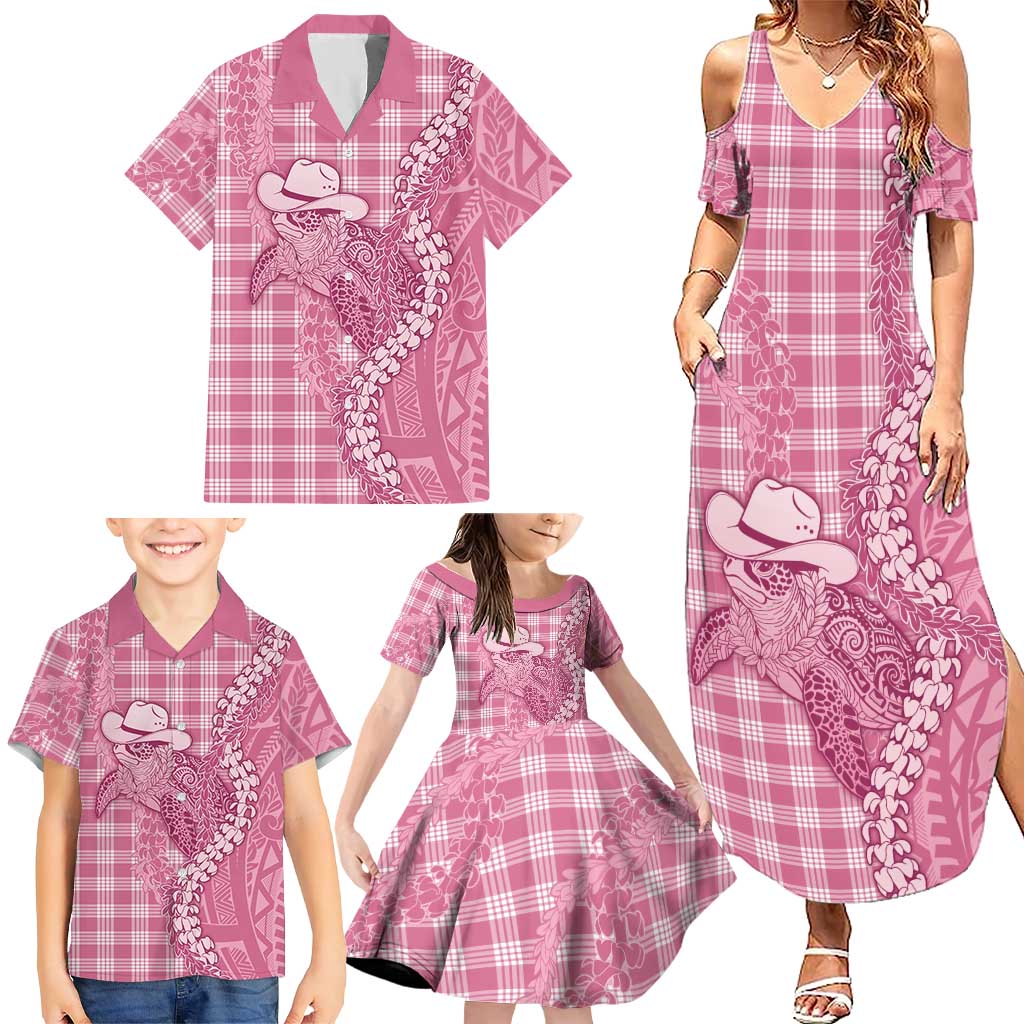 Pink Hawaii Palaka Cowboy Turtle Family Matching Summer Maxi Dress and Hawaiian Shirt Hawaiian Paniolo Puakenikeni Maile Lei DT05 - Polynesian Pride