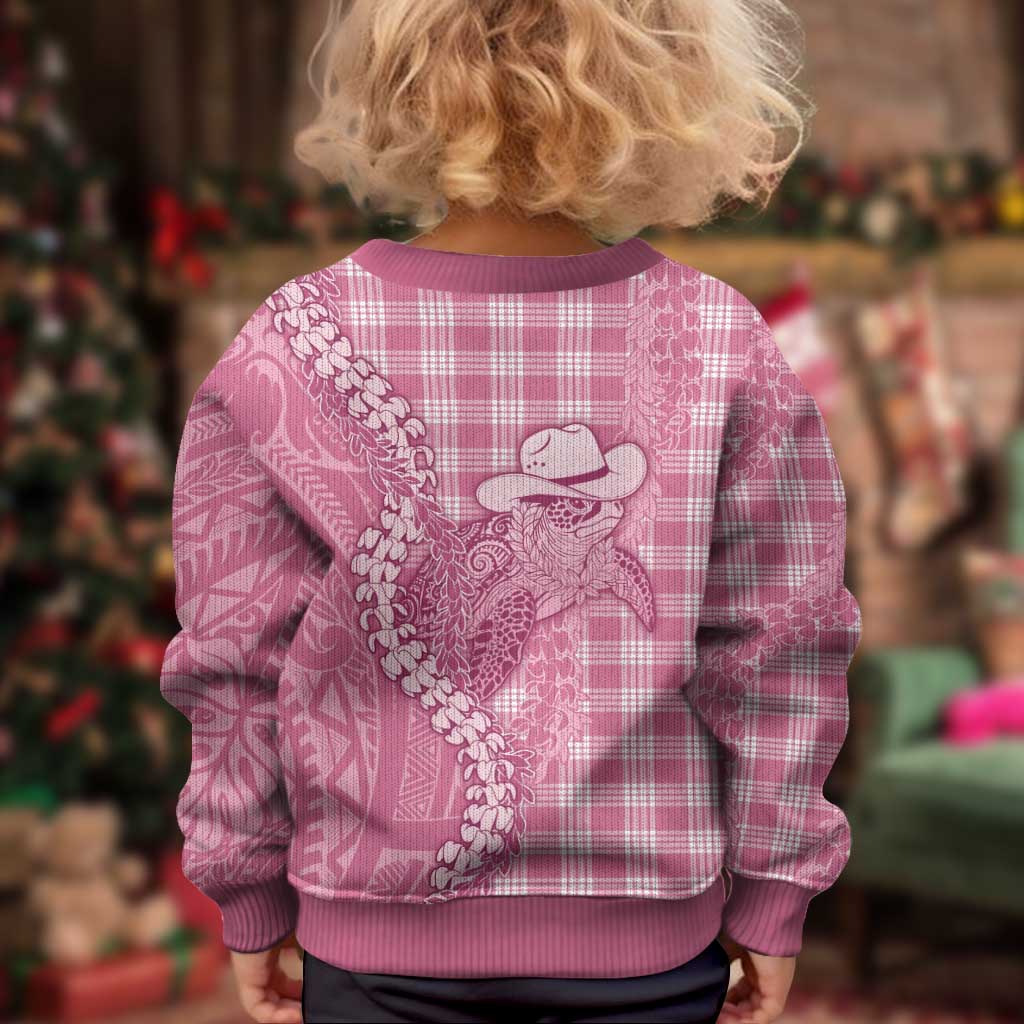 Pink Hawaii Palaka Cowboy Turtle Kid Ugly Christmas Sweater Hawaiian Paniolo Puakenikeni Maile Lei - Polynesian Pride