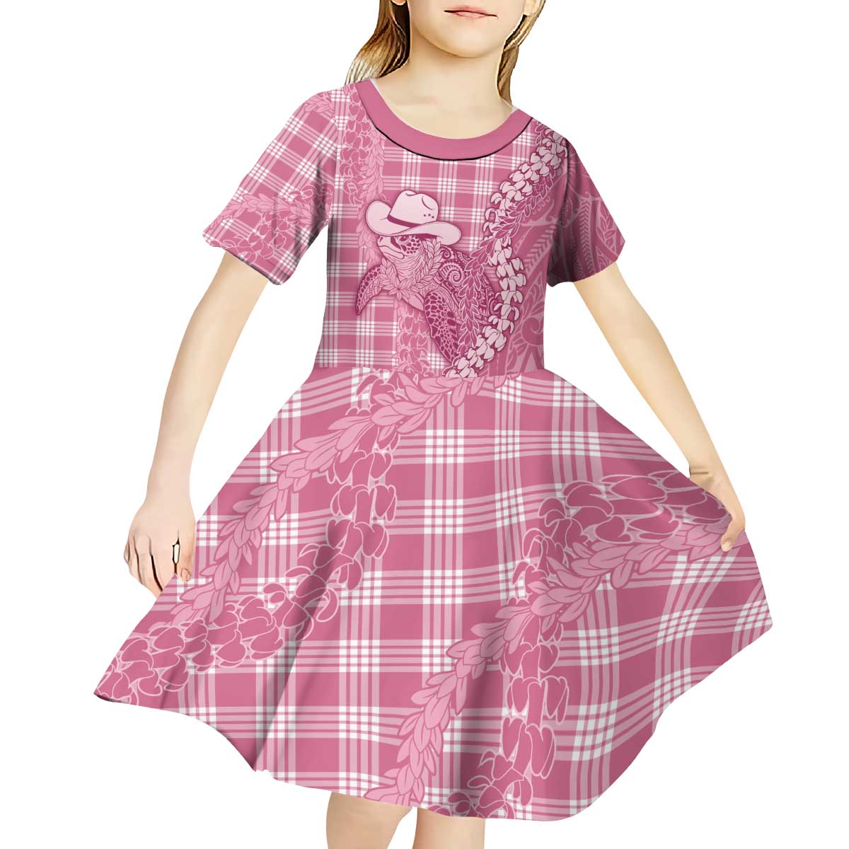 Pink Hawaii Palaka Cowboy Turtle Kid Short Sleeve Dress Hawaiian Paniolo Puakenikeni Maile Lei - Polynesian Pride