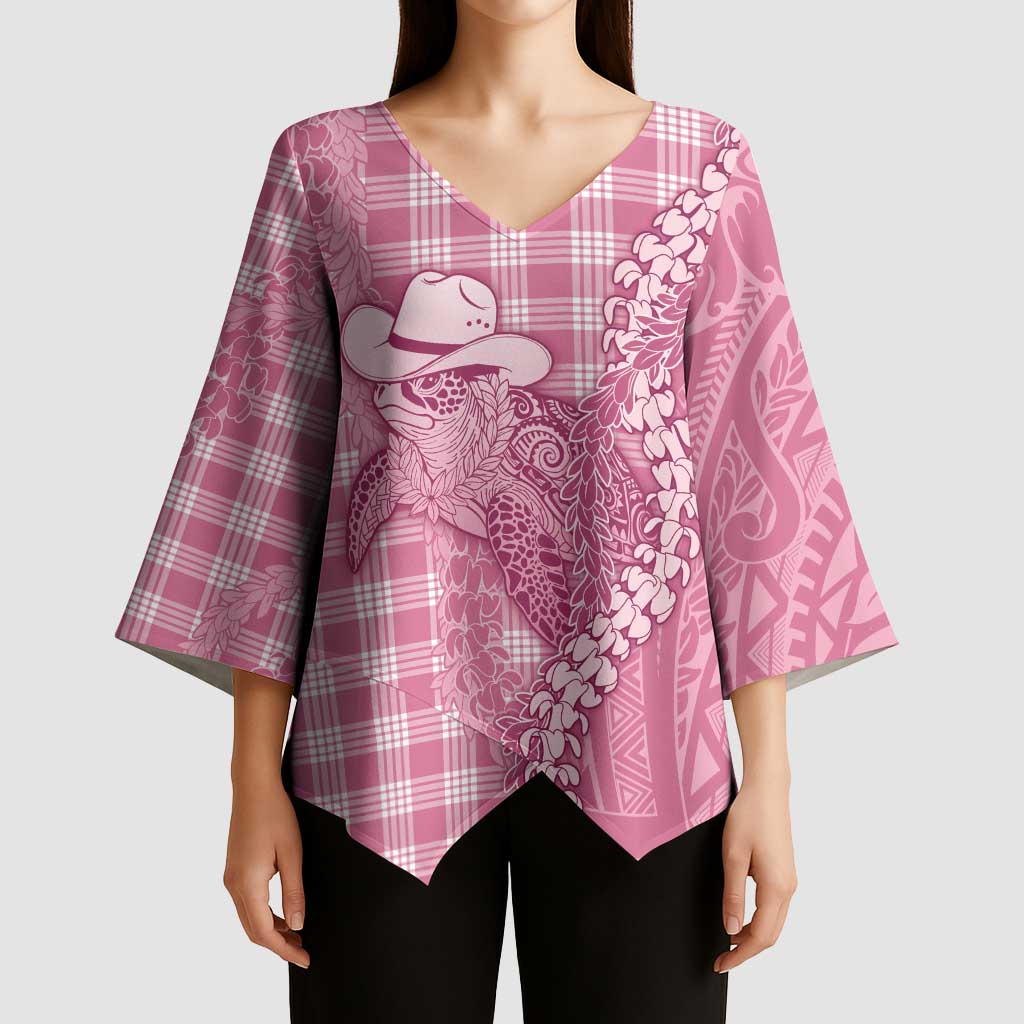 Pink Hawaii Palaka Cowboy Turtle Kimono Sleeve Blouse Hawaiian Paniolo Puakenikeni Maile Lei - Polynesian Pride