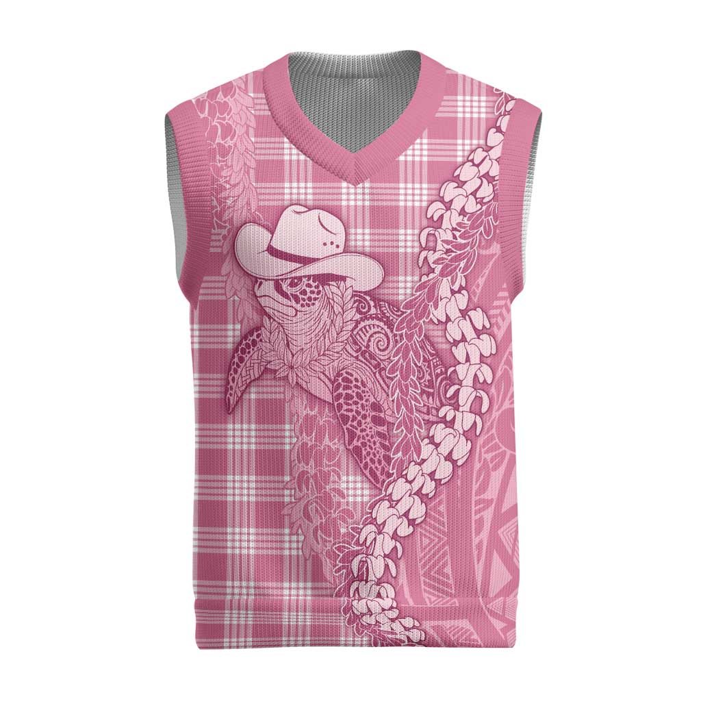 Pink Hawaii Palaka Cowboy Turtle Christmas Knitted V-Neck Vest Hawaiian Paniolo Puakenikeni Maile Lei - Polynesian Pride
