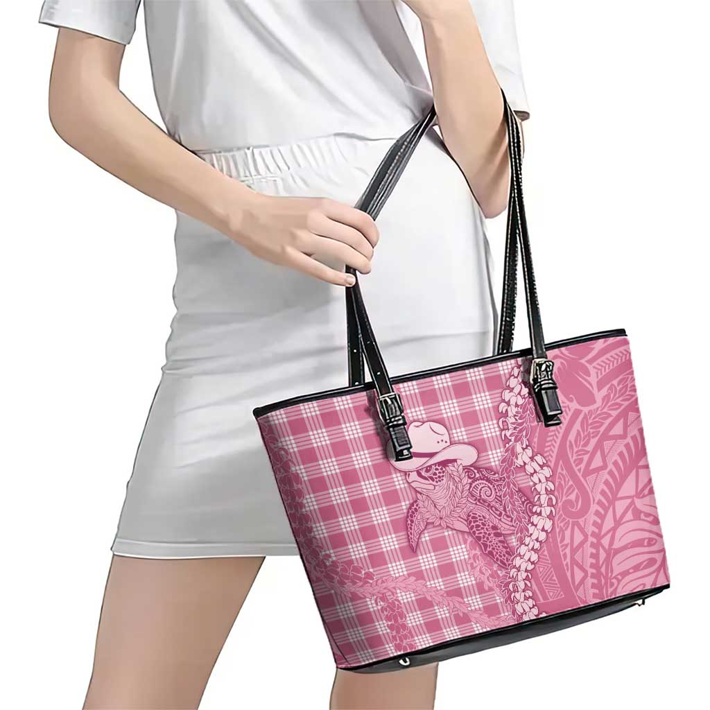 Pink Hawaii Palaka Cowboy Turtle Leather Tote Bag Hawaiian Paniolo Puakenikeni Maile Lei - Polynesian Pride