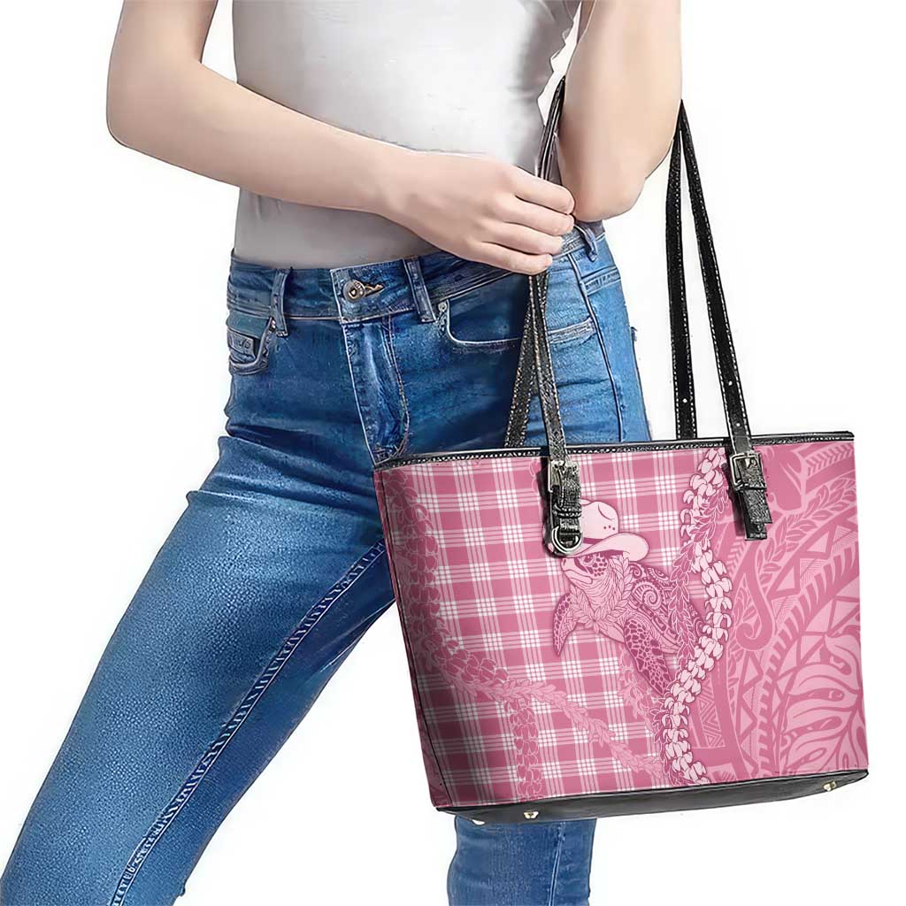 Pink Hawaii Palaka Cowboy Turtle Leather Tote Bag Hawaiian Paniolo Puakenikeni Maile Lei - Polynesian Pride