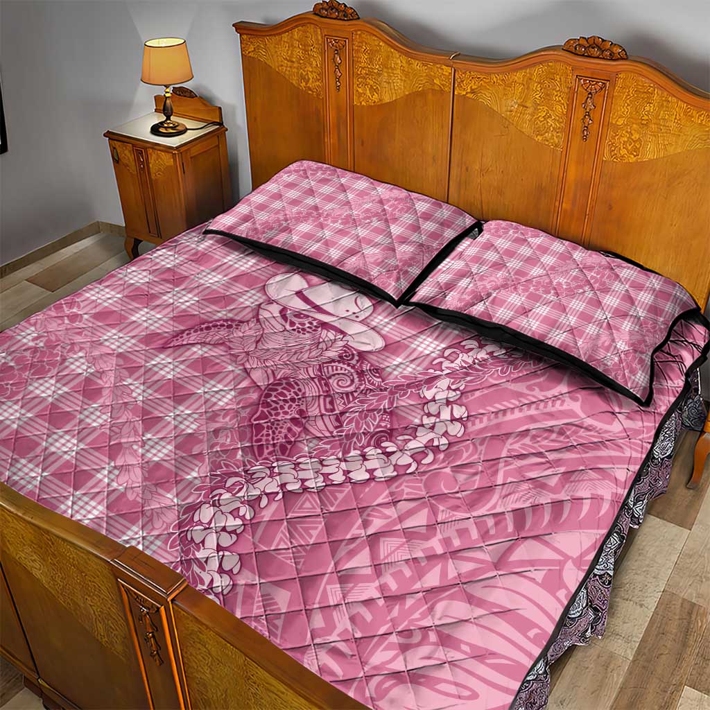Pink Hawaii Palaka Cowboy Turtle Quilt Bed Set Hawaiian Paniolo Puakenikeni Maile Lei - Polynesian Pride