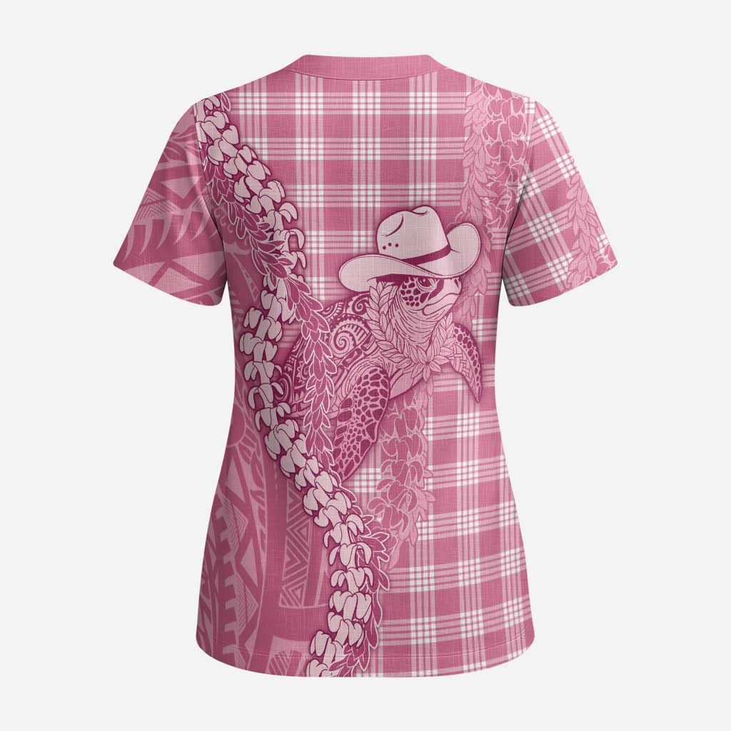Pink Hawaii Palaka Cowboy Turtle Scrub Top Hawaiian Paniolo Puakenikeni Maile Lei - Polynesian Pride
