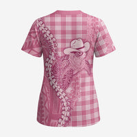 Pink Hawaii Palaka Cowboy Turtle Scrub Top Hawaiian Paniolo Puakenikeni Maile Lei - Polynesian Pride