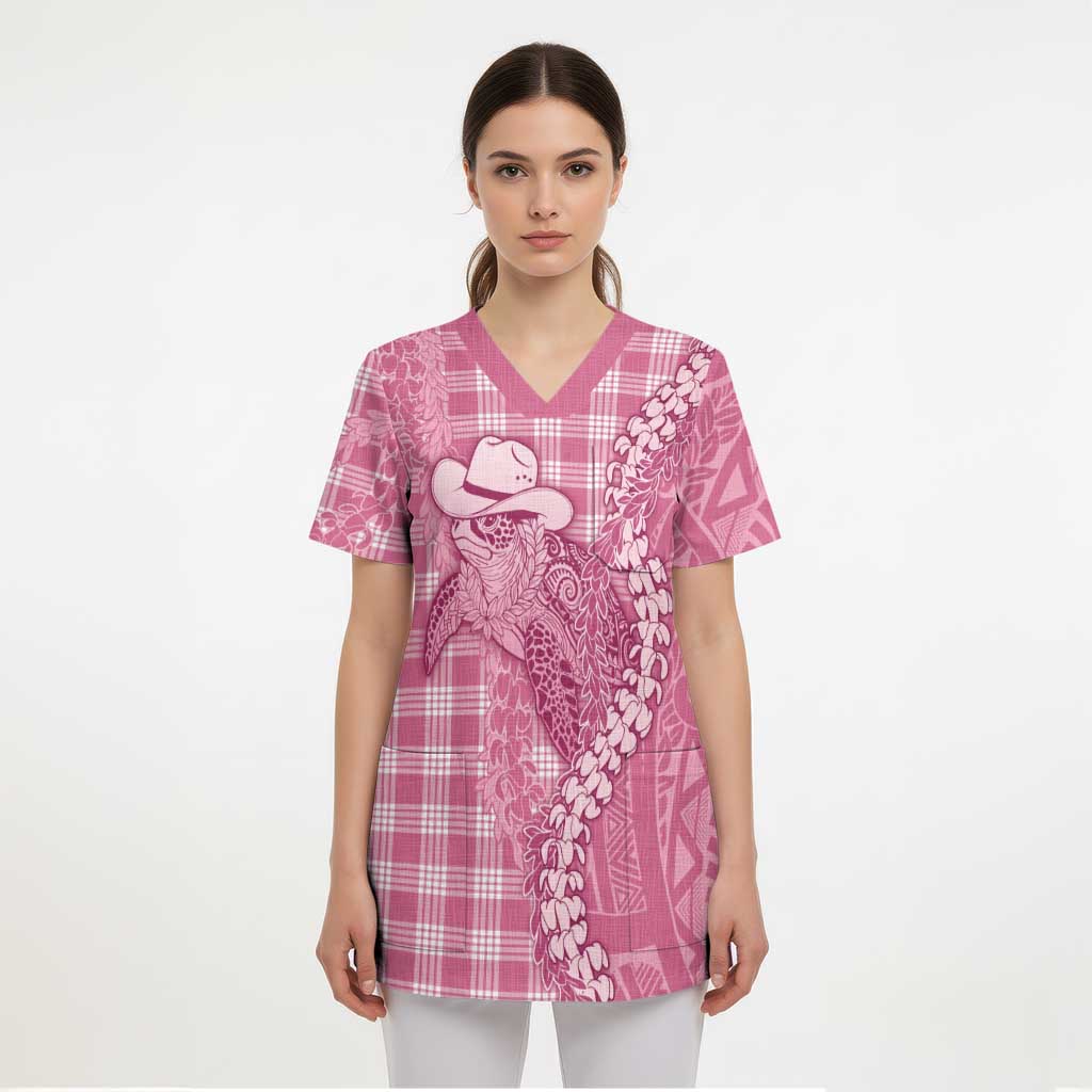 Pink Hawaii Palaka Cowboy Turtle Scrub Top Hawaiian Paniolo Puakenikeni Maile Lei - Polynesian Pride