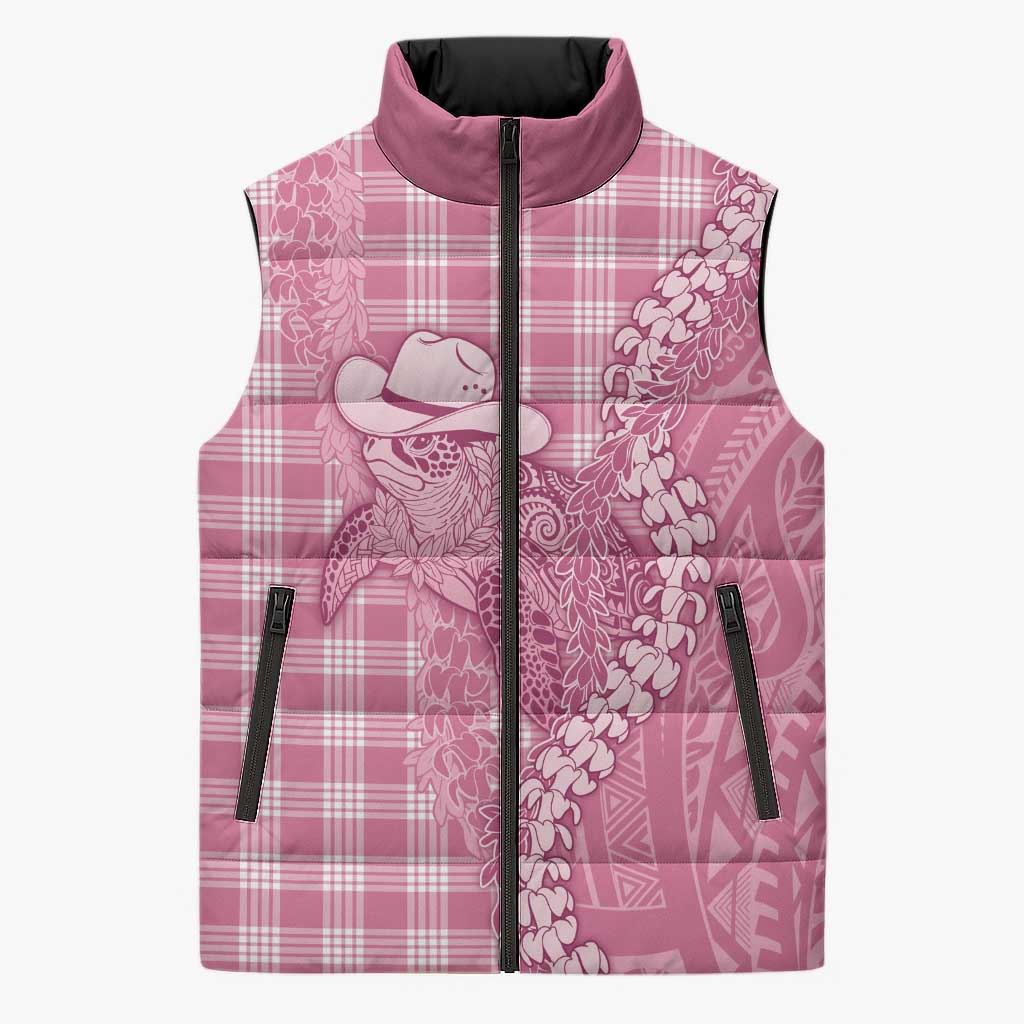 Pink Hawaii Palaka Cowboy Turtle Sleeveless Puffer Jacket Hawaiian Paniolo Puakenikeni Maile Lei - Polynesian Pride