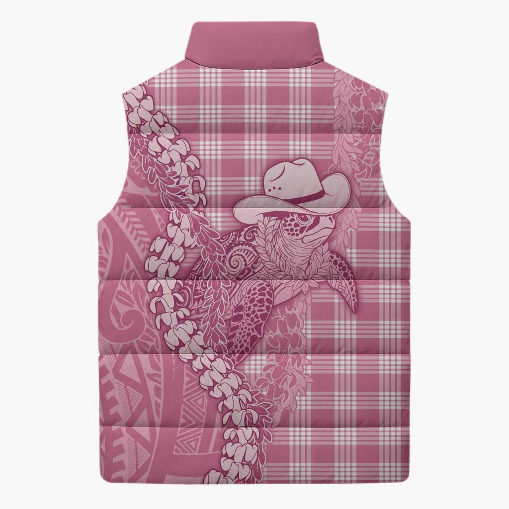 Pink Hawaii Palaka Cowboy Turtle Sleeveless Puffer Jacket Hawaiian Paniolo Puakenikeni Maile Lei - Polynesian Pride
