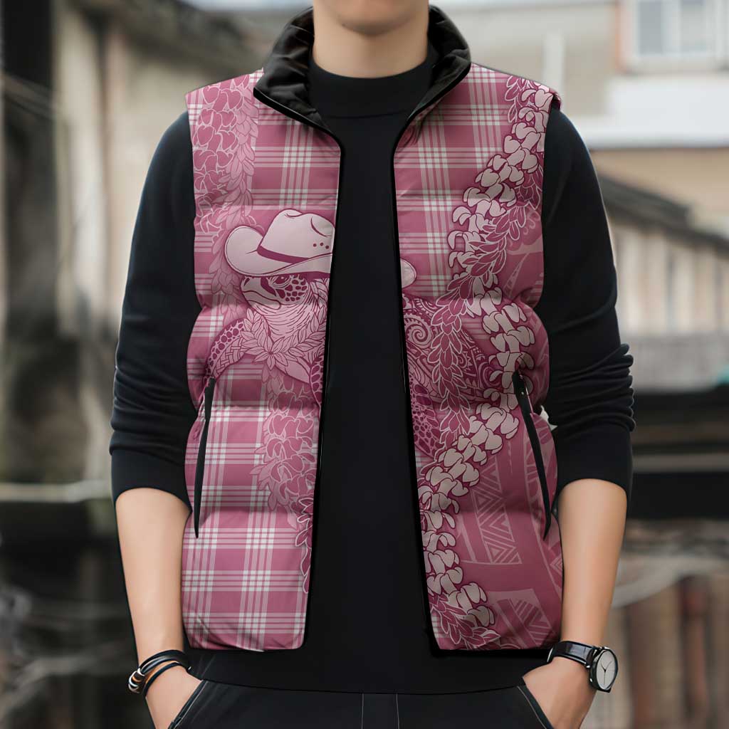 Pink Hawaii Palaka Cowboy Turtle Sleeveless Puffer Jacket Hawaiian Paniolo Puakenikeni Maile Lei - Polynesian Pride