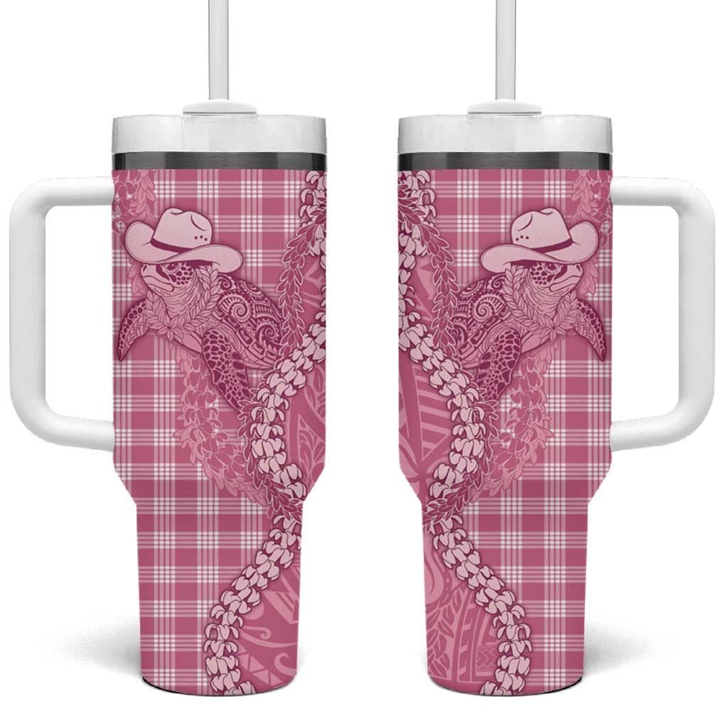 Pink Hawaii Palaka Cowboy Turtle Tumbler With Handle Hawaiian Paniolo Puakenikeni Maile Lei - Polynesian Pride
