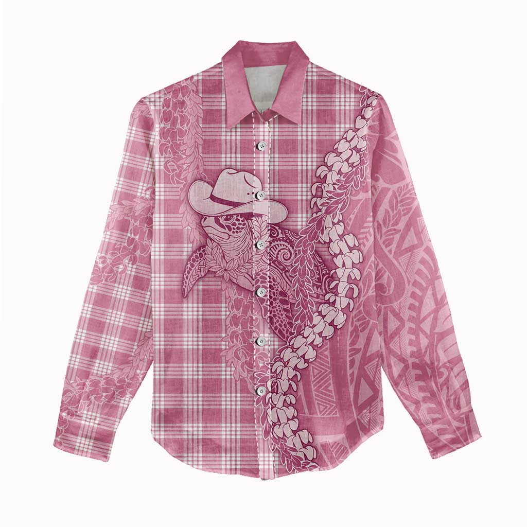 Pink Hawaii Palaka Cowboy Turtle Women Casual Shirt Hawaiian Paniolo Puakenikeni Maile Lei - Polynesian Pride