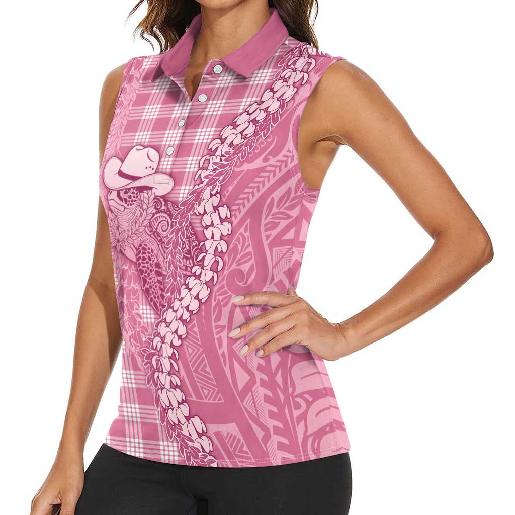 Pink Hawaii Palaka Cowboy Turtle Women Sleeveless Polo Shirt Hawaiian Paniolo Puakenikeni Maile Lei - Polynesian Pride