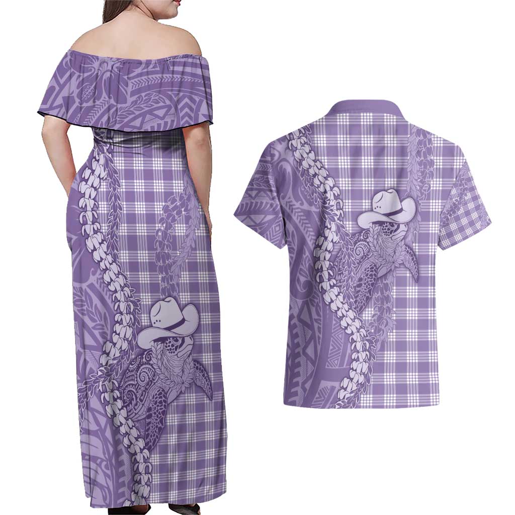 Purple Hawaii Palaka Cowboy Turtle Couples Matching Off Shoulder Maxi Dress and Hawaiian Shirt Hawaiian Paniolo Puakenikeni Maile Lei - Polynesian Pride