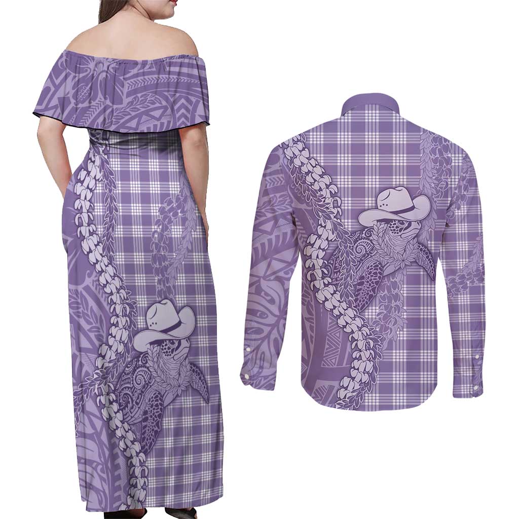 Purple Hawaii Palaka Cowboy Turtle Couples Matching Off Shoulder Maxi Dress and Long Sleeve Button Shirt Hawaiian Paniolo Puakenikeni Maile Lei - Polynesian Pride