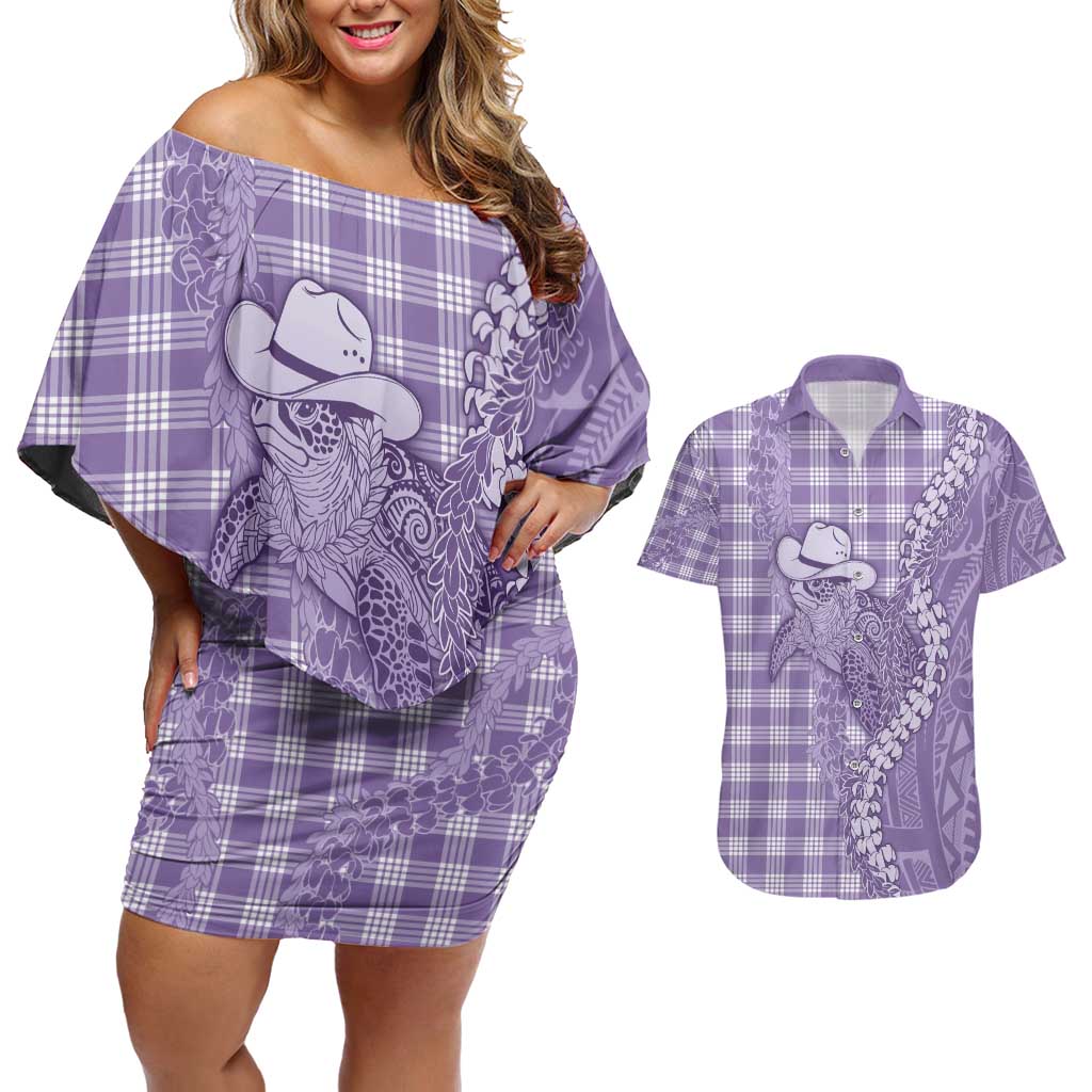 Purple Hawaii Palaka Cowboy Turtle Couples Matching Off Shoulder Short Dress and Hawaiian Shirt Hawaiian Paniolo Puakenikeni Maile Lei - Polynesian Pride