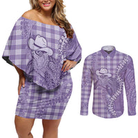 Purple Hawaii Palaka Cowboy Turtle Couples Matching Off Shoulder Short Dress and Long Sleeve Button Shirt Hawaiian Paniolo Puakenikeni Maile Lei - Polynesian Pride