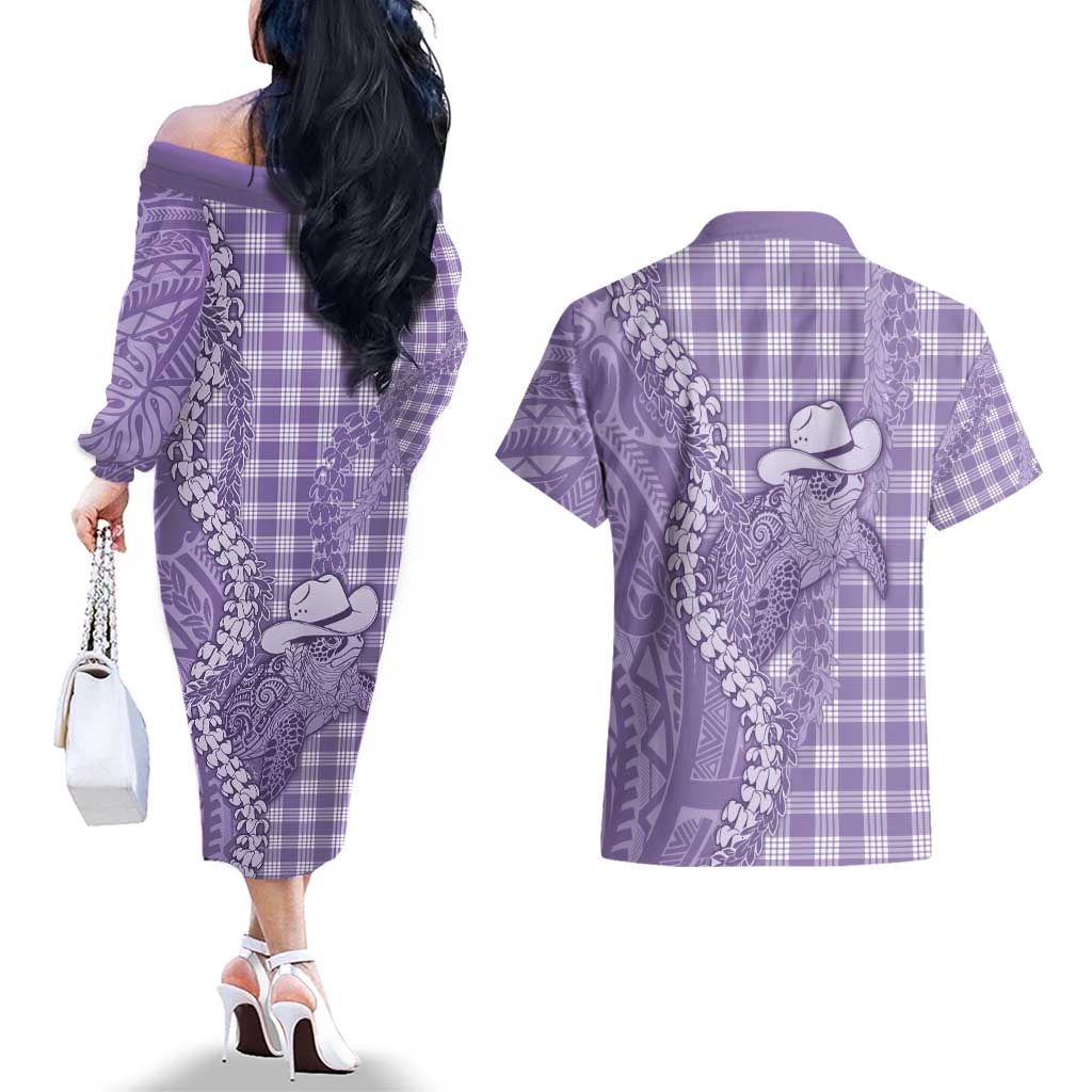 Purple Hawaii Palaka Cowboy Turtle Couples Matching Off The Shoulder Long Sleeve Dress and Hawaiian Shirt Hawaiian Paniolo Puakenikeni Maile Lei - Polynesian Pride