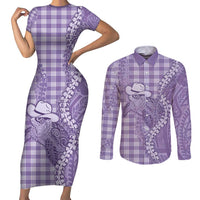 Purple Hawaii Palaka Cowboy Turtle Couples Matching Short Sleeve Bodycon Dress and Long Sleeve Button Shirt Hawaiian Paniolo Puakenikeni Maile Lei - Polynesian Pride