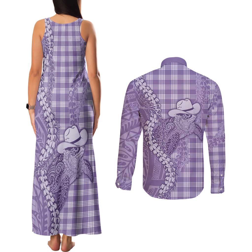 Purple Hawaii Palaka Cowboy Turtle Couples Matching Tank Maxi Dress and Long Sleeve Button Shirt Hawaiian Paniolo Puakenikeni Maile Lei - Polynesian Pride