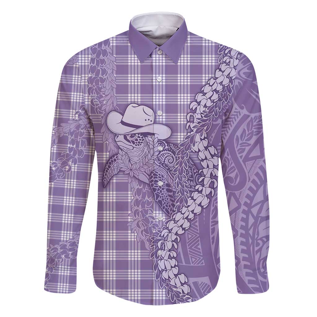 Purple Hawaii Palaka Cowboy Turtle Family Matching Long Sleeve Bodycon Dress and Hawaiian Shirt Hawaiian Paniolo Puakenikeni Maile Lei - Polynesian Pride