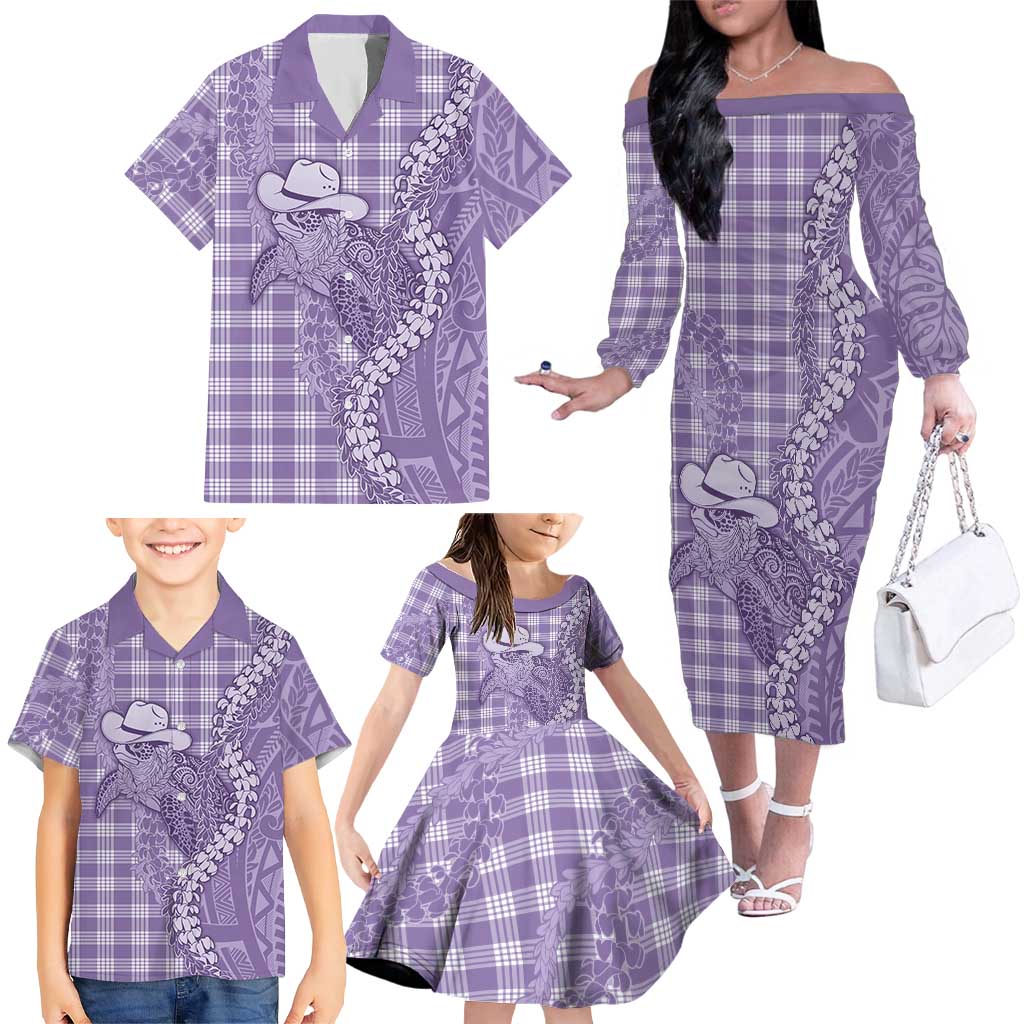 Purple Hawaii Palaka Cowboy Turtle Family Matching Off The Shoulder Long Sleeve Dress and Hawaiian Shirt Hawaiian Paniolo Puakenikeni Maile Lei DT05 - Polynesian Pride