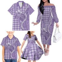 Purple Hawaii Palaka Cowboy Turtle Family Matching Off The Shoulder Long Sleeve Dress and Hawaiian Shirt Hawaiian Paniolo Puakenikeni Maile Lei - Polynesian Pride