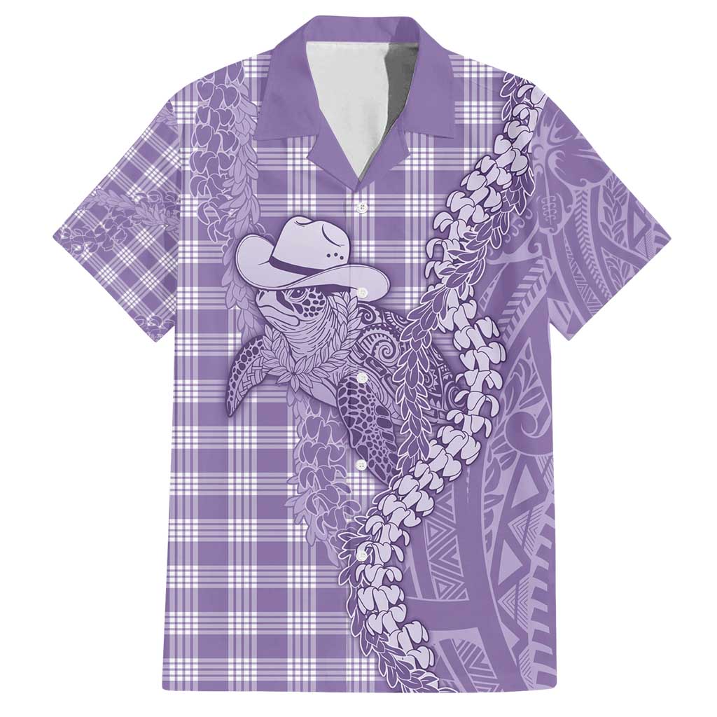 Purple Hawaii Palaka Cowboy Turtle Family Matching Off Shoulder Short Dress and Hawaiian Shirt Hawaiian Paniolo Puakenikeni Maile Lei - Polynesian Pride