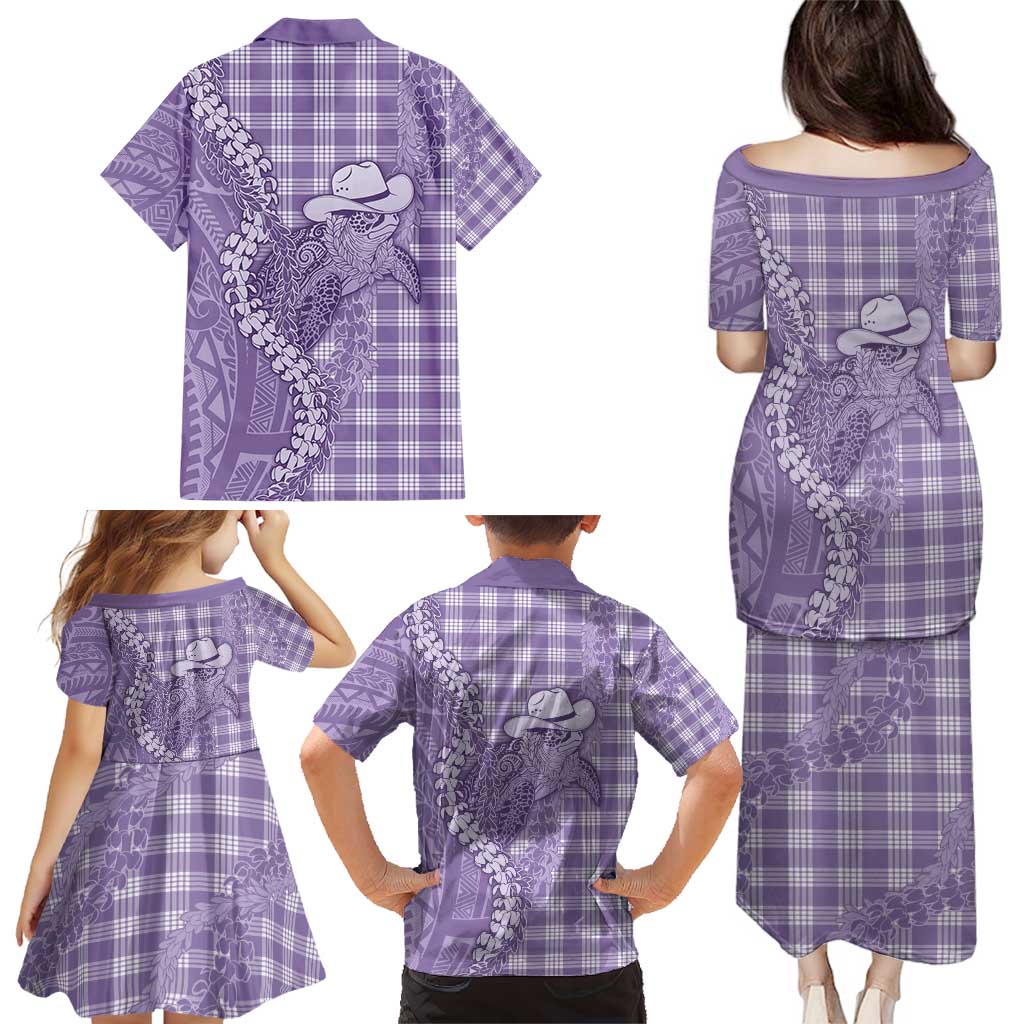Purple Hawaii Palaka Cowboy Turtle Family Matching Puletasi and Hawaiian Shirt Hawaiian Paniolo Puakenikeni Maile Lei - Polynesian Pride