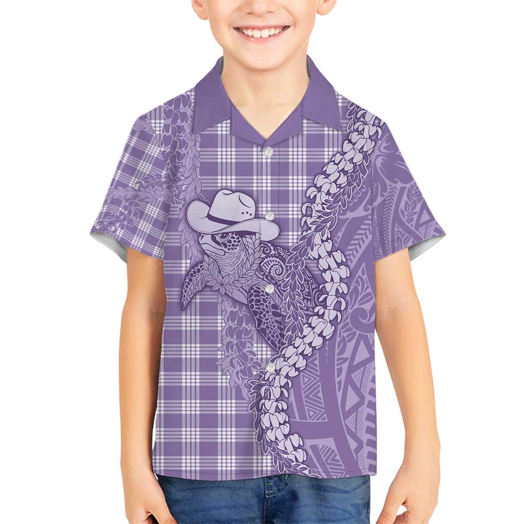 Purple Hawaii Palaka Cowboy Turtle Family Matching Puletasi and Hawaiian Shirt Hawaiian Paniolo Puakenikeni Maile Lei - Polynesian Pride