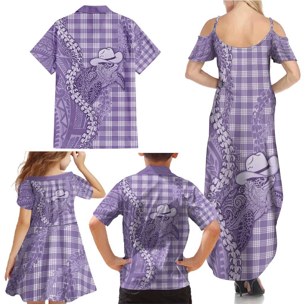 Purple Hawaii Palaka Cowboy Turtle Family Matching Summer Maxi Dress and Hawaiian Shirt Hawaiian Paniolo Puakenikeni Maile Lei - Polynesian Pride