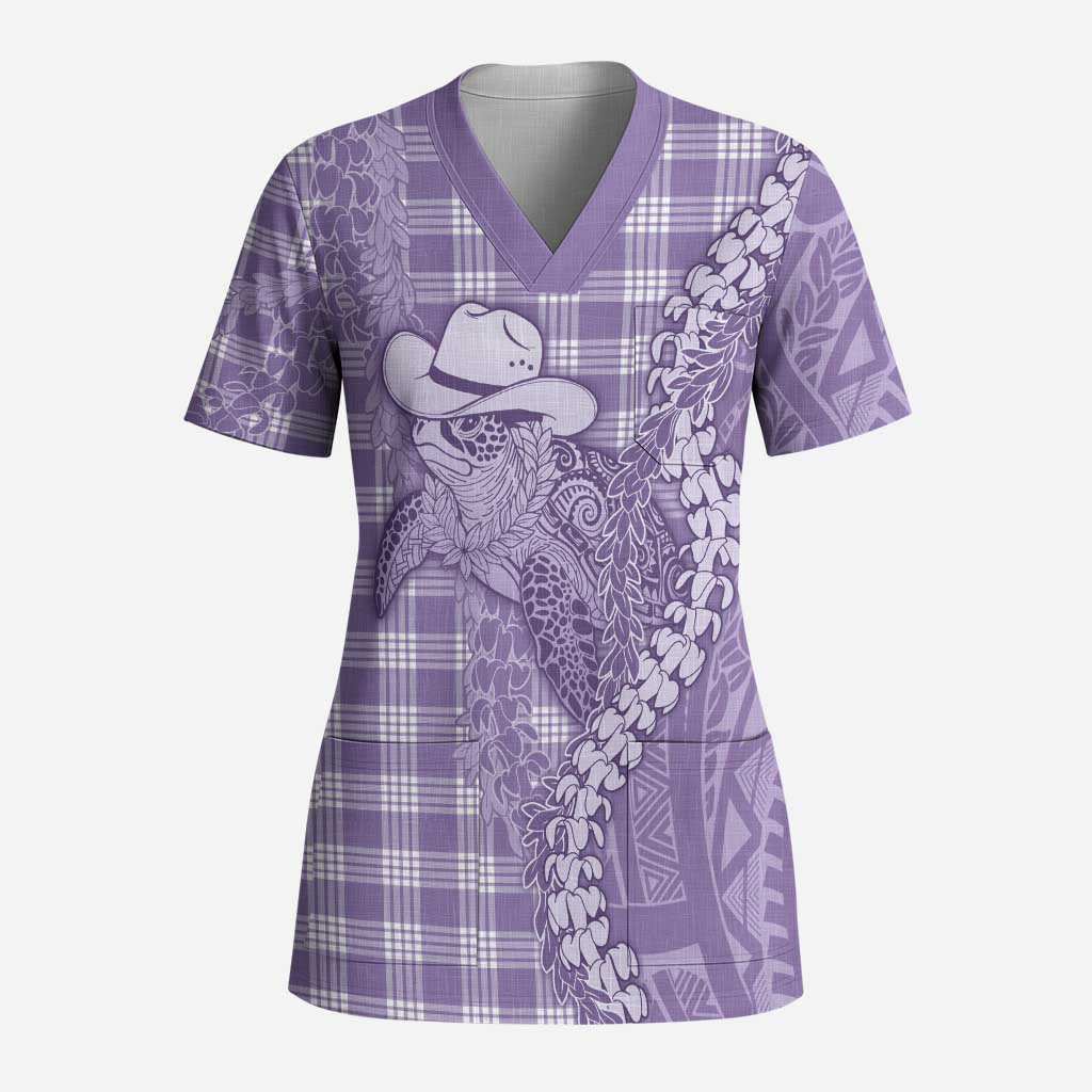 Purple Hawaii Palaka Cowboy Turtle Scrub Top Hawaiian Paniolo Puakenikeni Maile Lei DT05 Adult Purple - Polynesian Pride