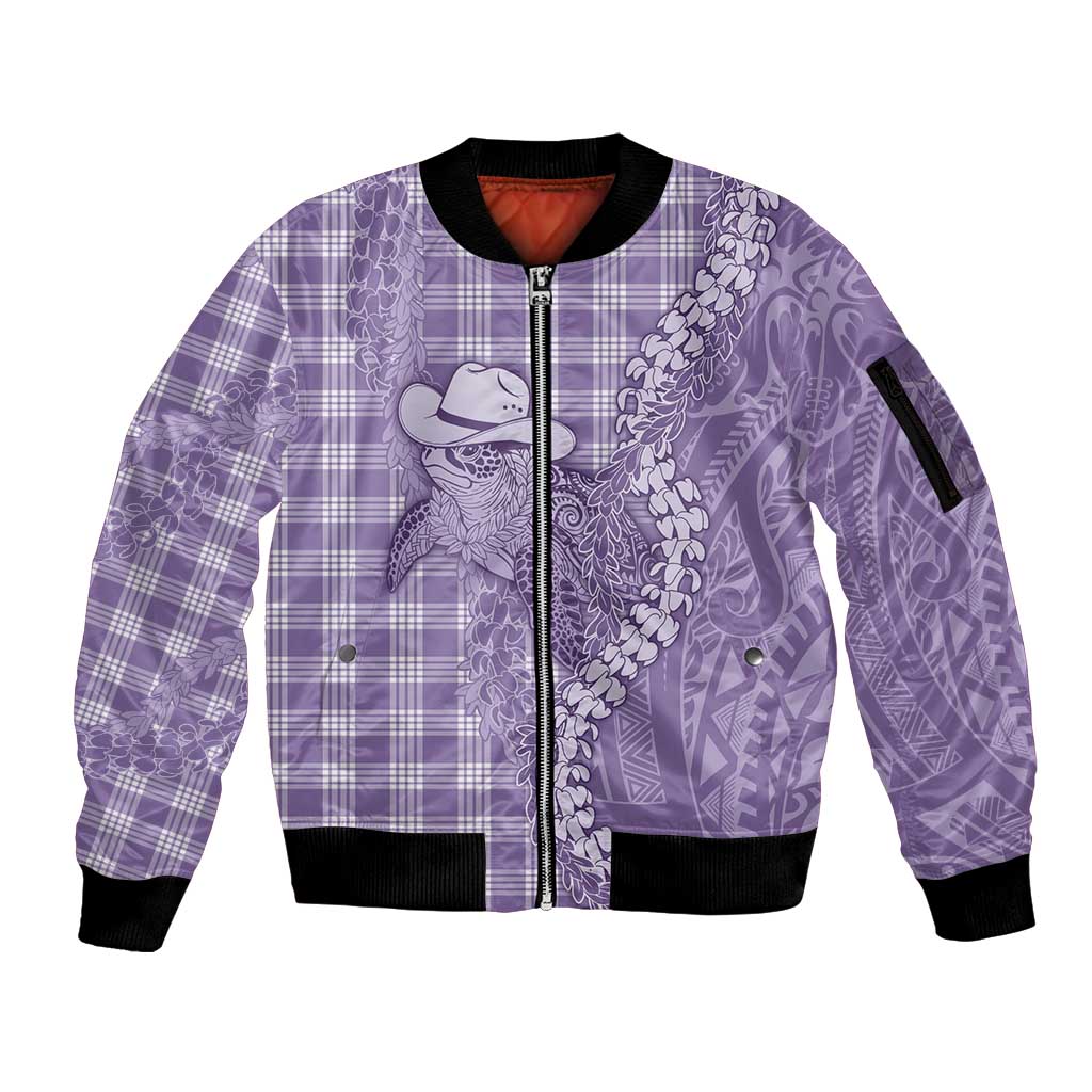 Purple Hawaii Palaka Cowboy Turtle Sleeve Zip Bomber Jacket Hawaiian Paniolo Puakenikeni Maile Lei - Polynesian Pride