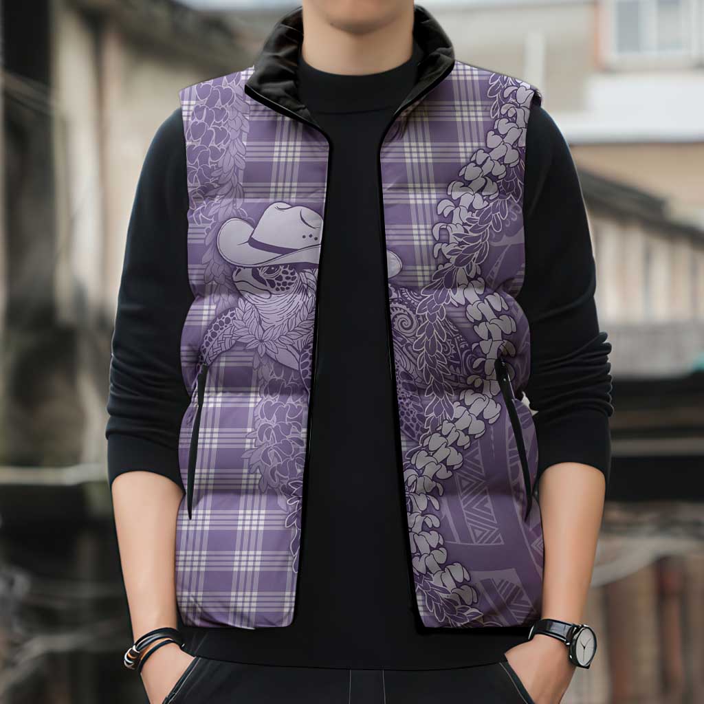 Purple Hawaii Palaka Cowboy Turtle Sleeveless Puffer Jacket Hawaiian Paniolo Puakenikeni Maile Lei - Polynesian Pride