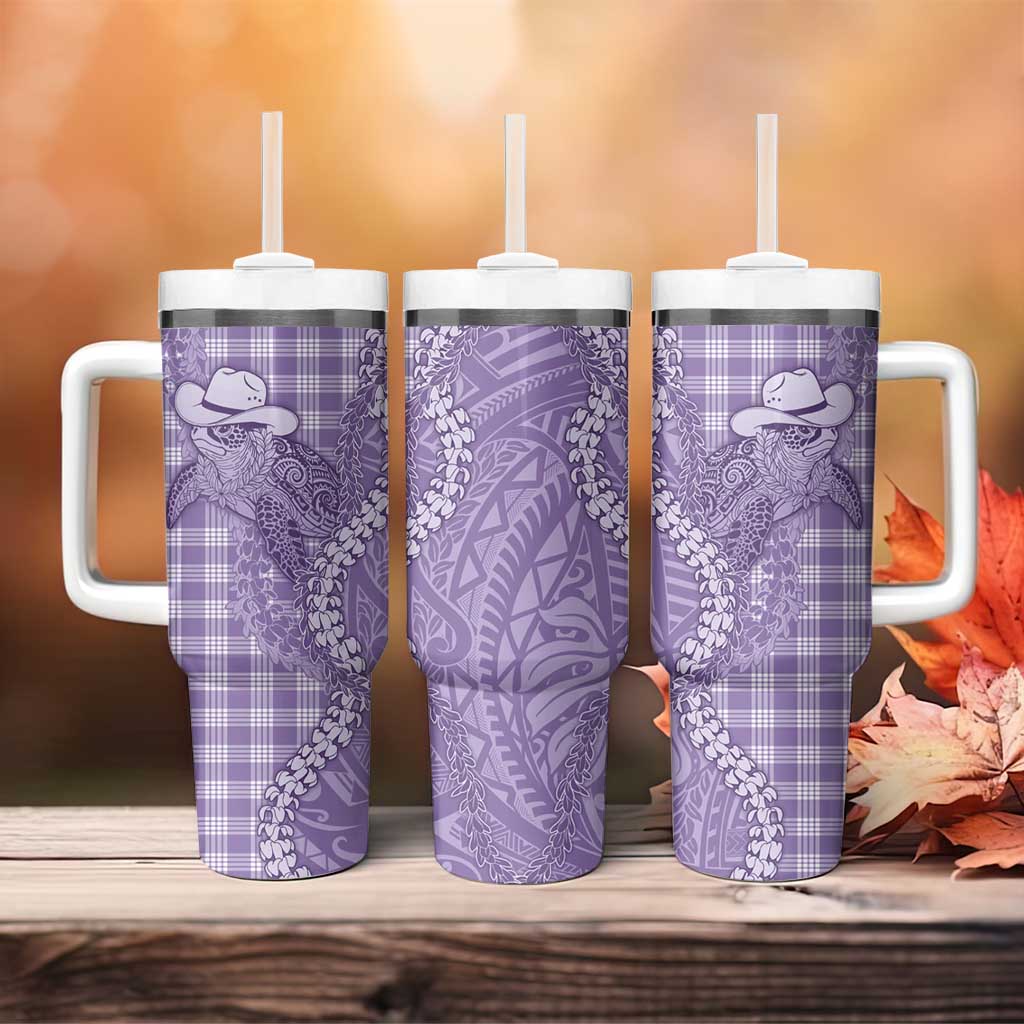 Purple Hawaii Palaka Cowboy Turtle Tumbler With Handle Hawaiian Paniolo Puakenikeni Maile Lei - Polynesian Pride